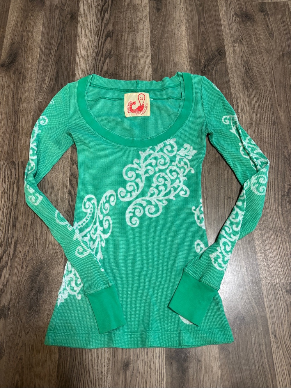Free People Teal Green Waffle Scoop Neck Long Sleeve Top with White Scrolls
